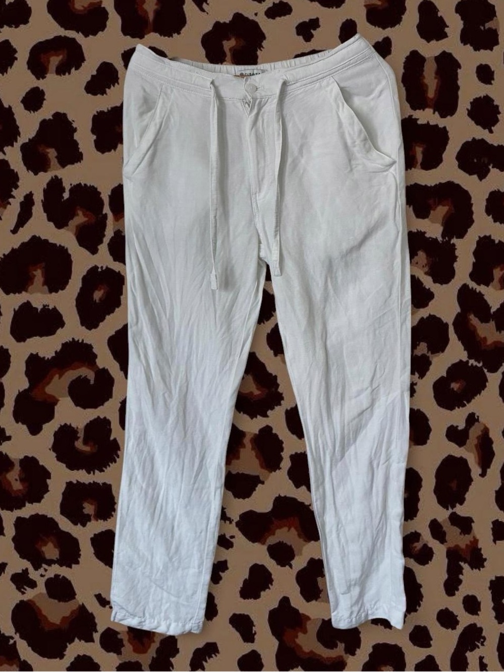 Cubavera White Linen Blend Drawstring Straight Leg Pants Womens Size M